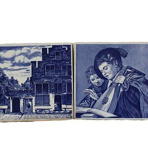 Vintage Delft Blue Wall Tiles – Dutch Scene & Musical Boys – Pair of 2 – 6"x6"